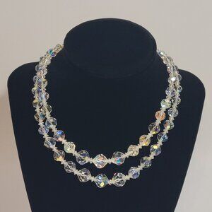 Vintage Two Strand Aurora Borealis Rhinestone Necklace Iridescent 13 inch